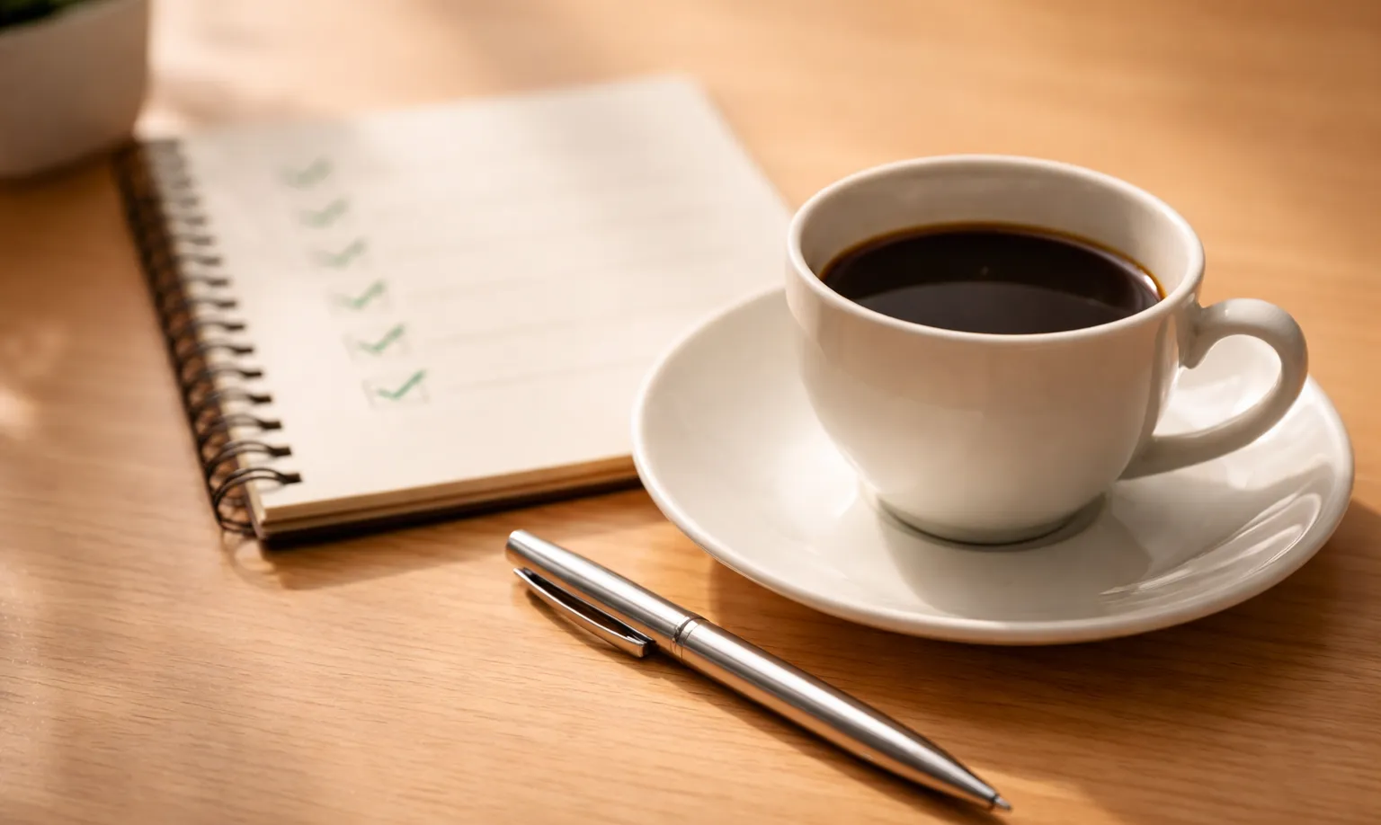 Notizbuch mit Checkliste und Stift auf Schreibtisch neben Kaffeetasse
