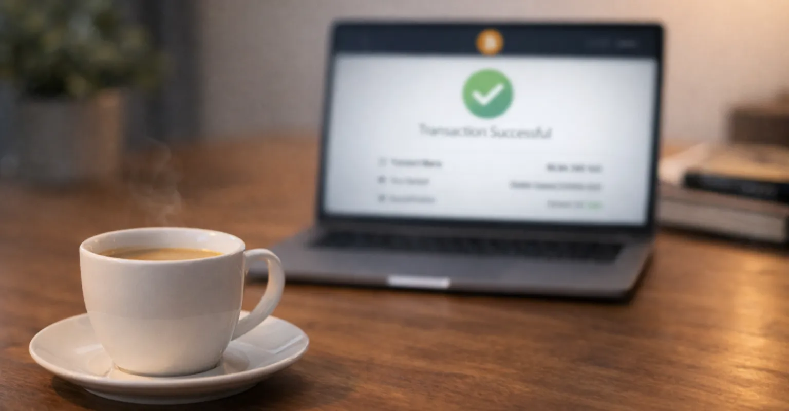 Laptop zeigt erfolgreiche Bitcoin-Transaktion mit grünem Häkchen