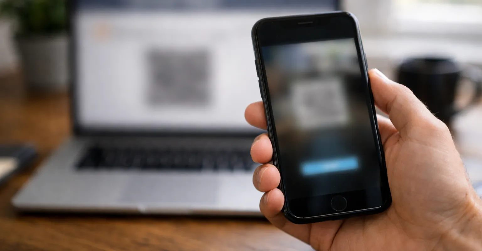 Hand hält Smartphone mit QR-Code-Scanner vor Laptop-Bildschirm