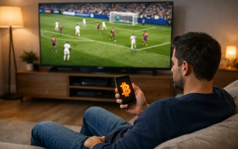 Mann verfolgt ein Fußballspiel auf großem Bildschirm und hält Smartphone mit Bitcoin-Symbol