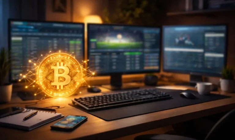 Moderner Arbeitsplatz mit mehreren Bildschirmen zeigt Sportwetten-Plattformen und Bitcoin-Symbol