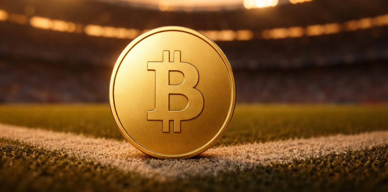 Goldene Bitcoin-Münze vor modernem Sportstadion im Abendlicht