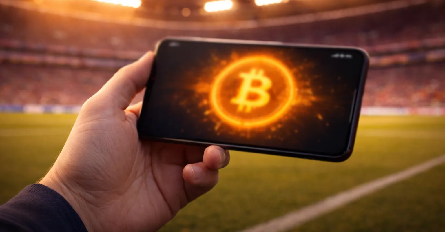 Smartphone mit Bitcoin-Symbol und Fußballstadion im Hintergrund bei Abendlicht