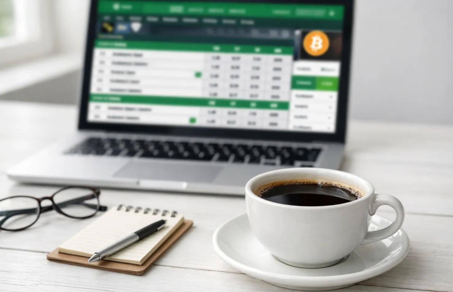 Laptop zeigt Sportwetten-Plattform mit Bitcoin-Zahlungsoption