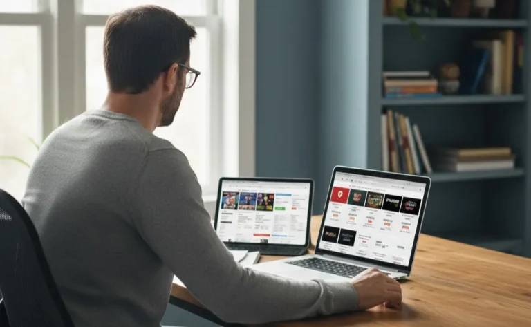 Person sitzt vor Laptop und vergleicht verschiedene Sportwetten-Webseiten