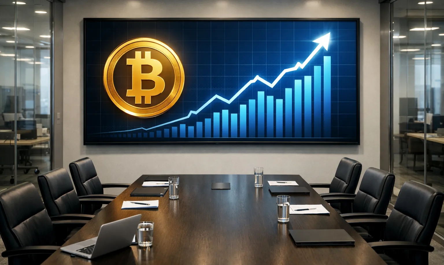 Futuristisches Büro mit großem Bildschirm zeigt aufsteigende Trendlinie und Bitcoin-Logo
