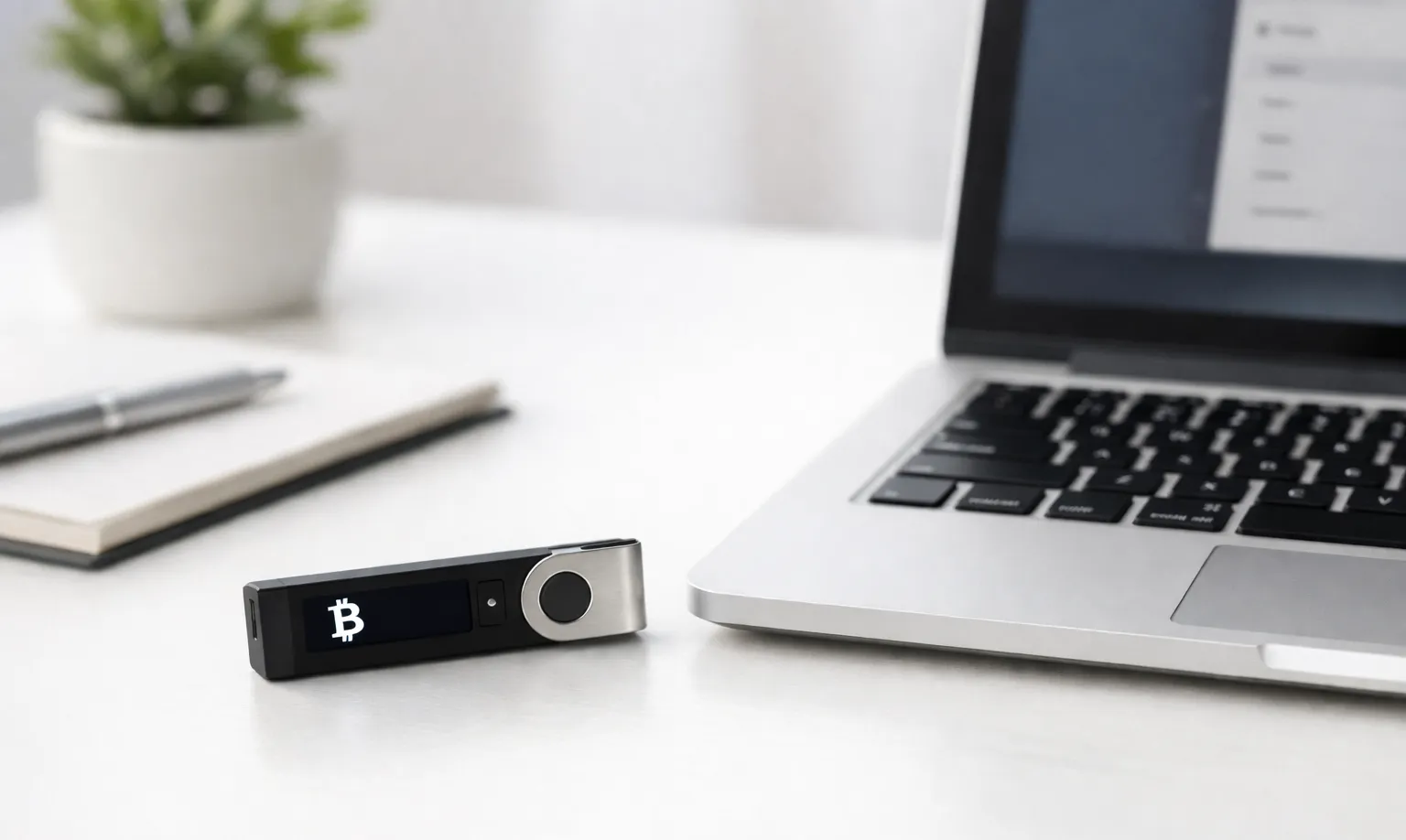 Hardware-Wallet-Gerät neben einem Laptop auf einem aufgeräumten Schreibtisch