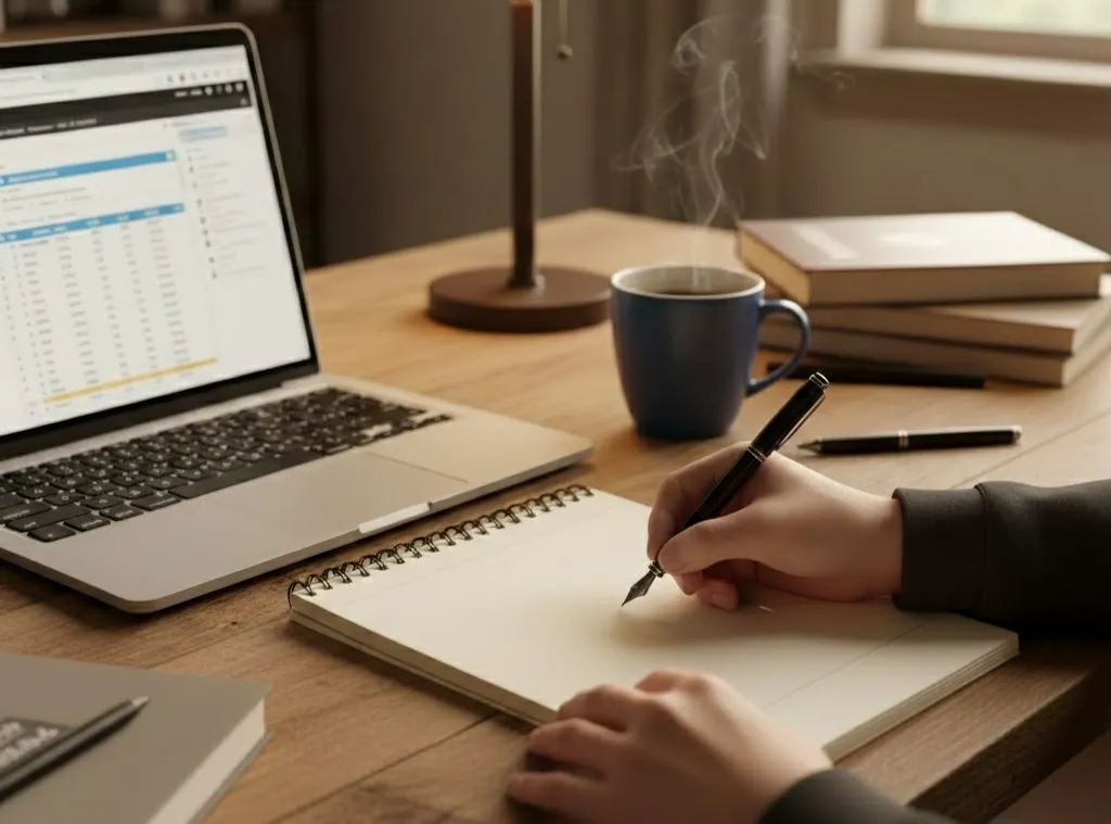 Person macht sich Notizen auf Papier während der Recherche am Laptop