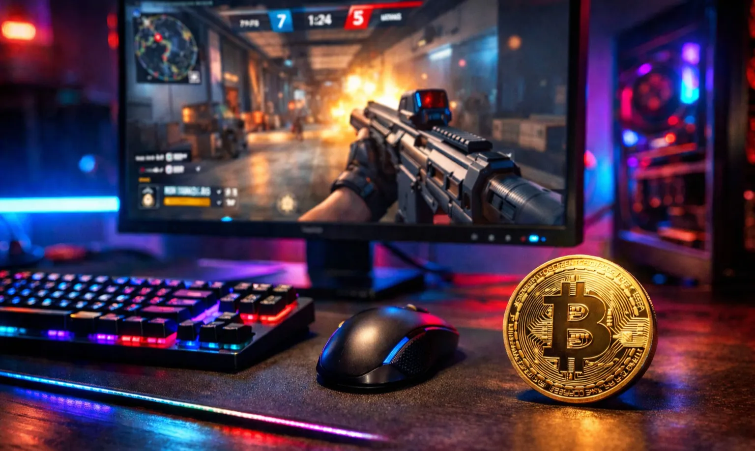 eSports Gaming-Setup mit Tastatur, Monitor und Bitcoin-Münze auf dem Schreibtisch