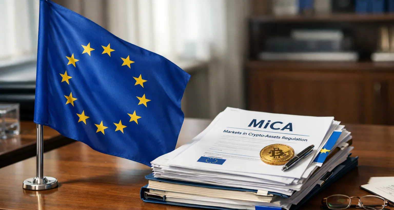 EU-Flagge neben Dokumentenstapel symbolisiert Krypto-Regulierung