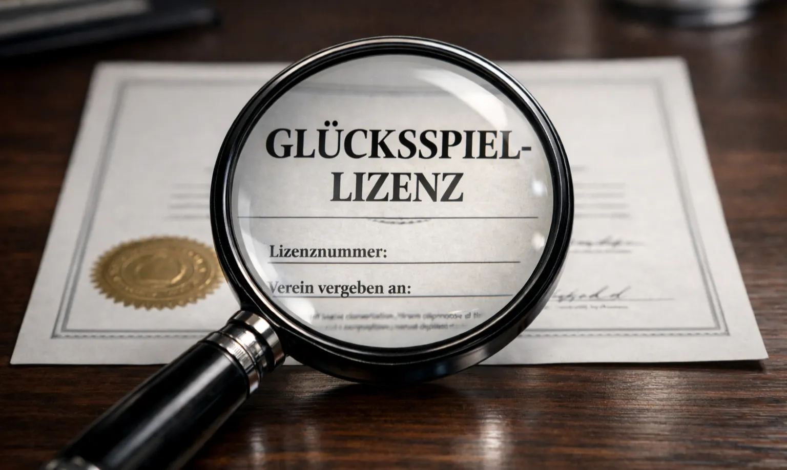 Offizielles Dokument mit Siegel auf einem Schreibtisch neben einer Lupe