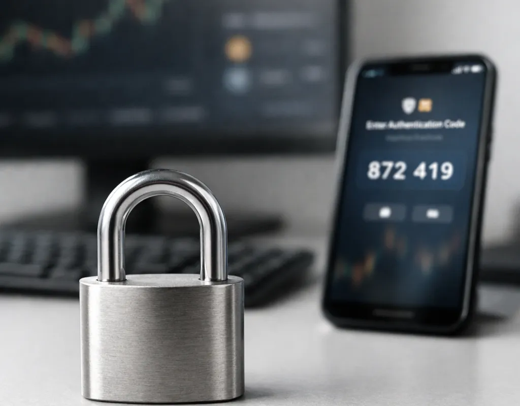 Vorhängeschloss auf einer Tastatur neben einem Smartphone mit Zwei-Faktor-Authentifizierung