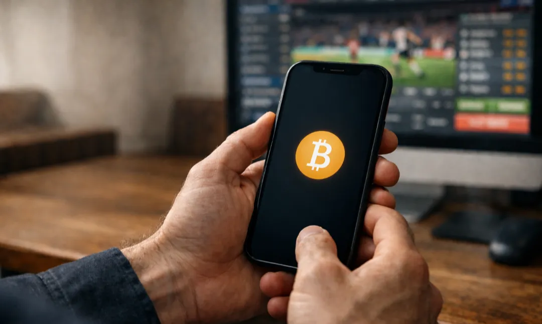 Smartphone zeigt Krypto-Wallet-App mit Bitcoin-Guthaben neben Laptop