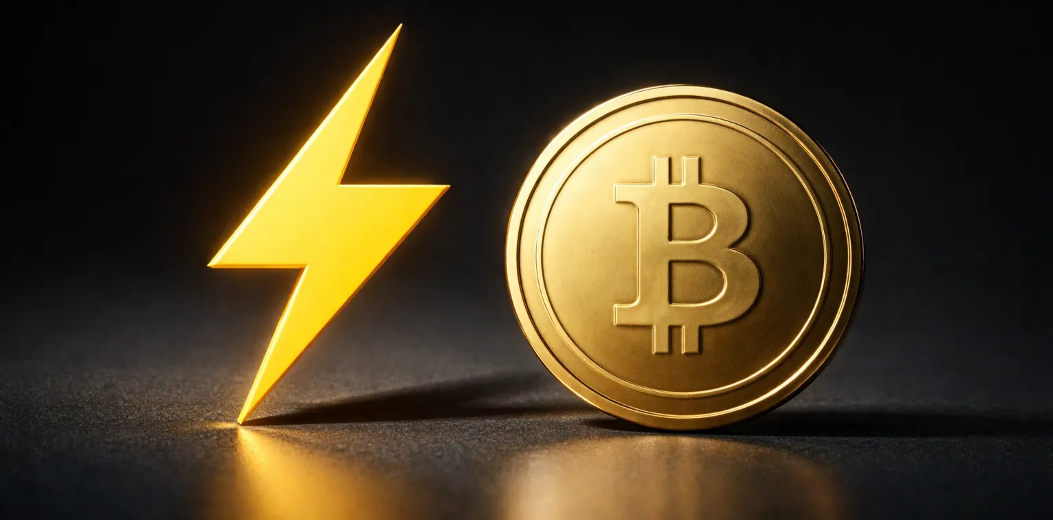 Blitzsymbol neben Bitcoin-Münze symbolisiert schnelle Lightning-Zahlungen