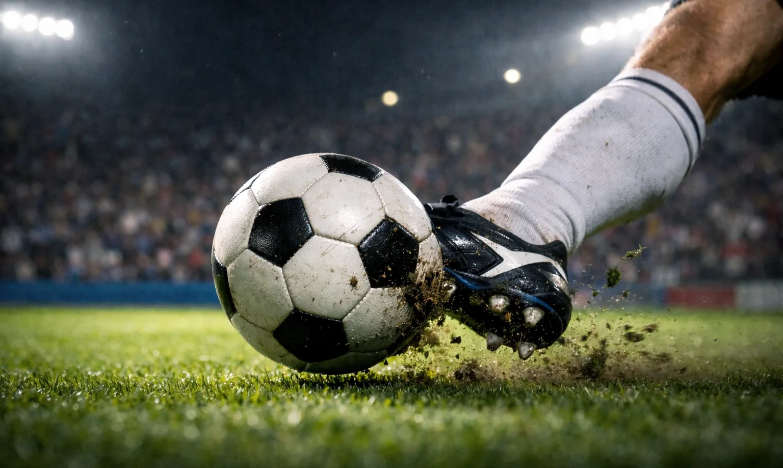 Fußballspiel im Stadion bei Flutlicht mit laufender Anzeigetafel