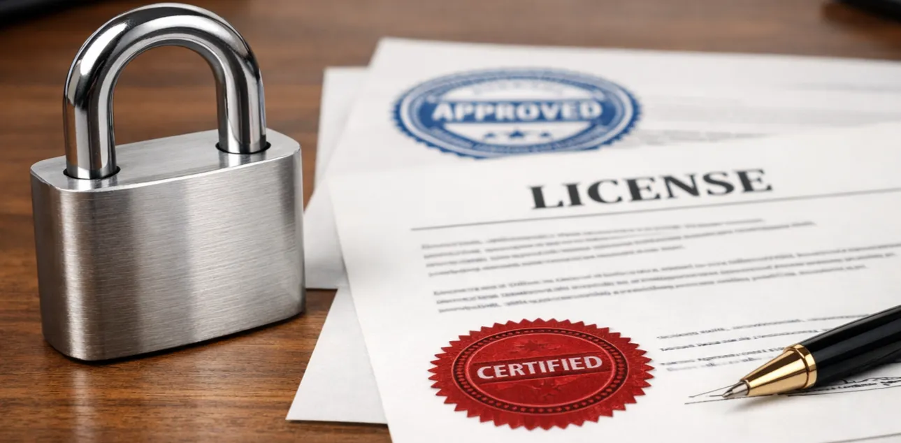 Sicherheitsschloss neben offiziellen Dokumenten auf Schreibtisch