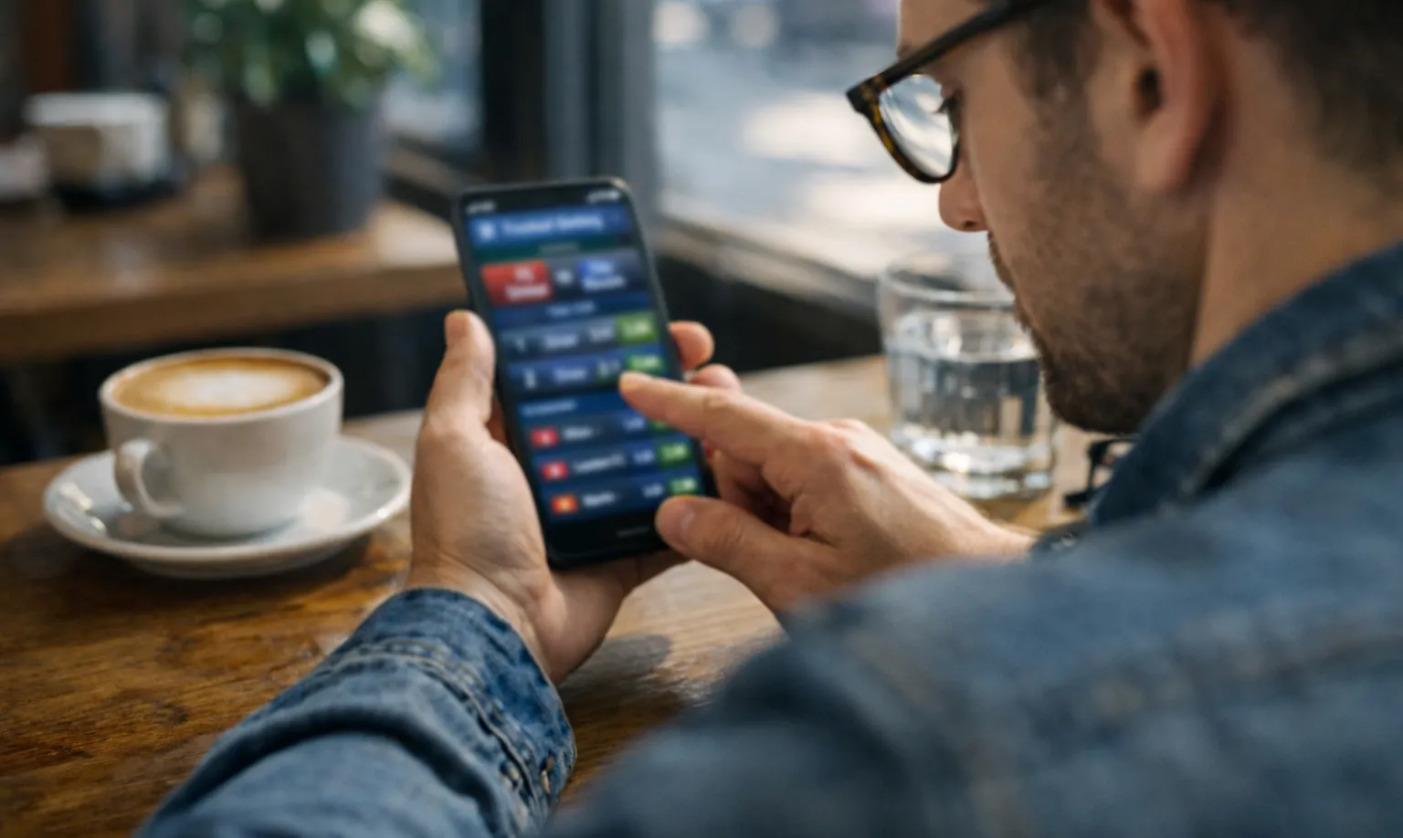 Person tippt auf Smartphone-Display mit Sportwetten-Oberfläche im Café