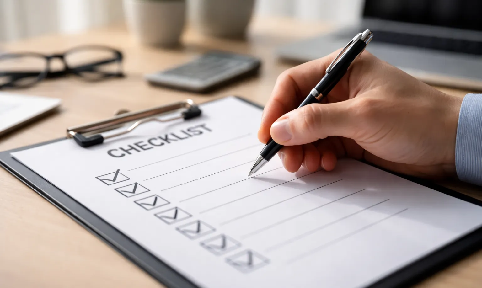 Hand mit Stift setzt Häkchen auf Papierliste für Plattformbewertung