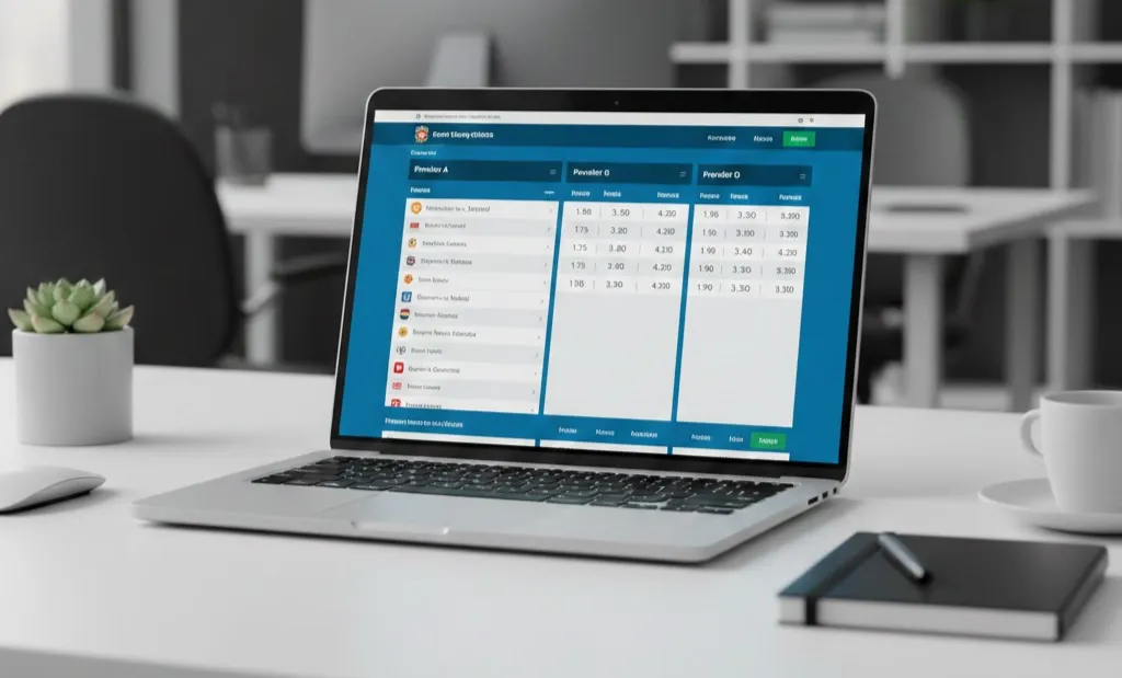 Laptop-Bildschirm zeigt Sportwetten-Quoten verschiedener Anbieter nebeneinander
