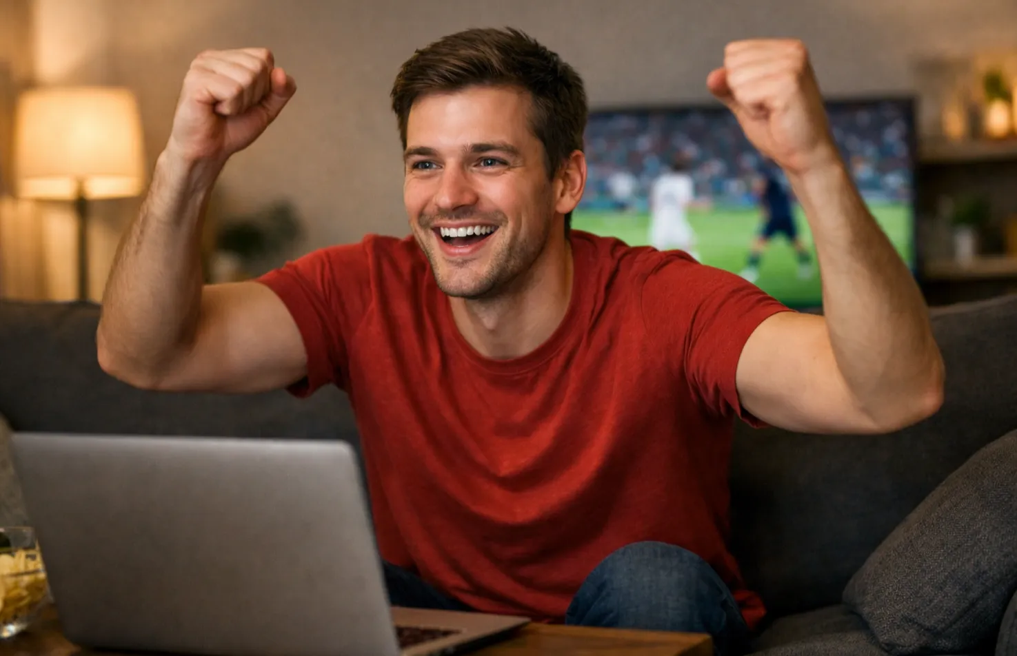Begeisterter Fan feiert Sportwetten-Gewinn vor Fernseher mit Fußballspiel