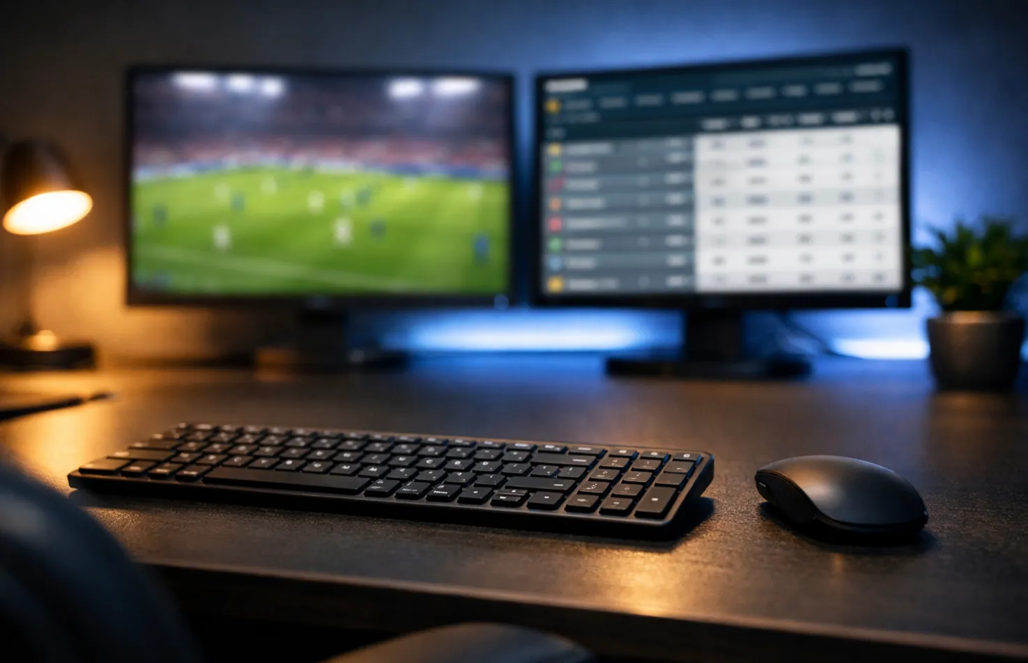 Professioneller Arbeitsplatz mit mehreren Monitoren zeigt Sportereignisse und Wettquoten