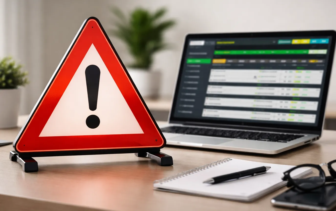 Rotes Warndreieck neben Laptop symbolisiert Vorsicht bei der Anbieterwahl