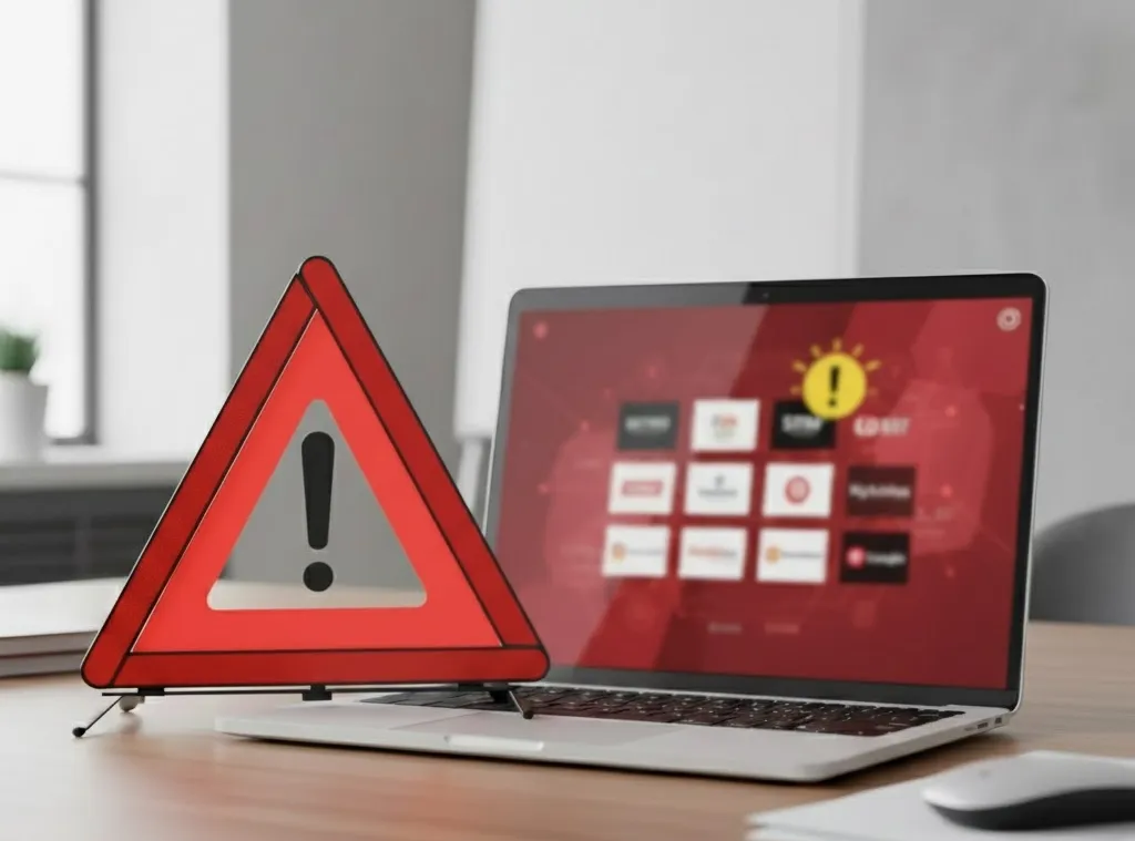 Rotes Warndreieck neben Laptop symbolisiert Vorsicht bei der Anbieterwahl